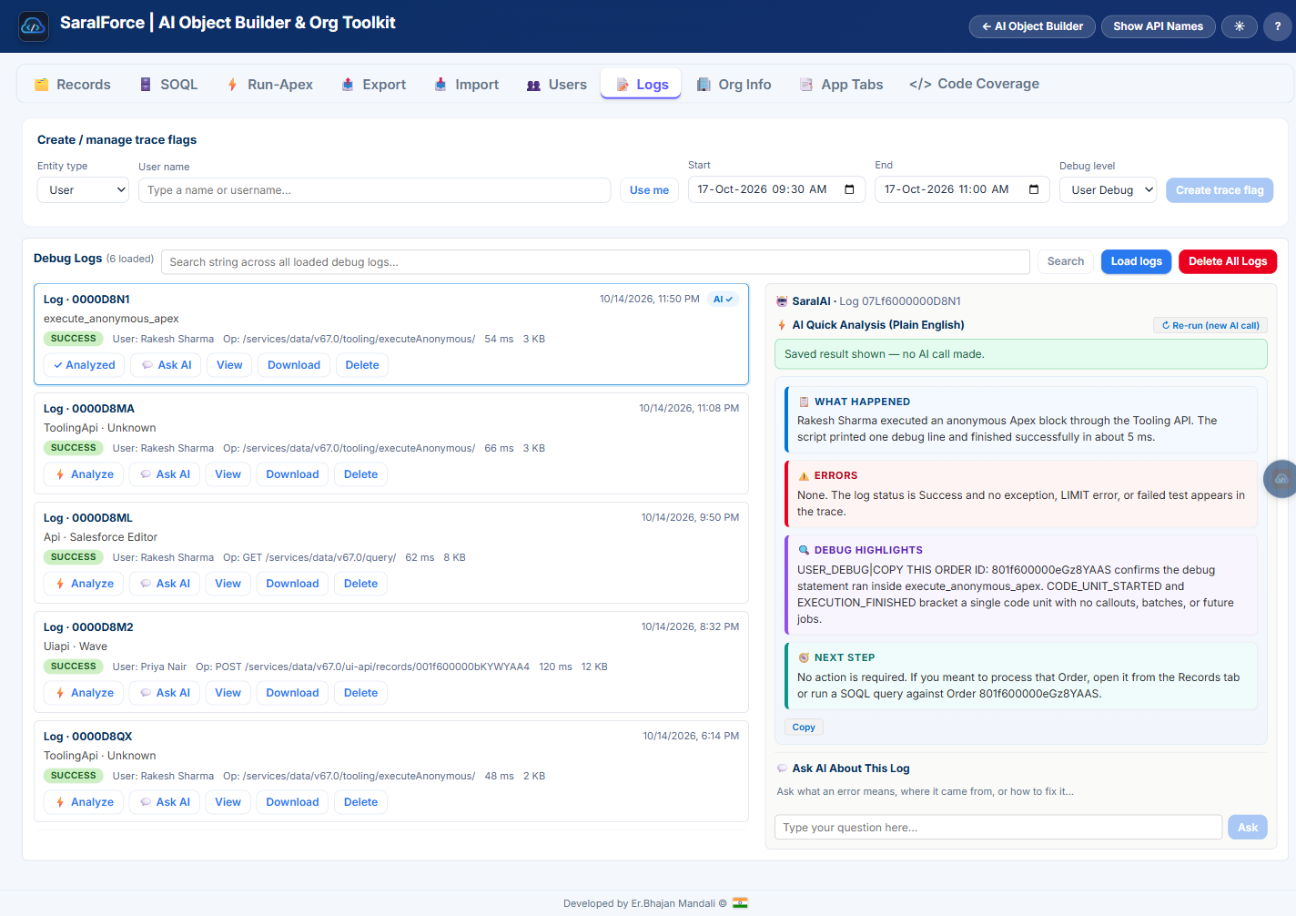 Debug Logs with AI Quick Analysis panel