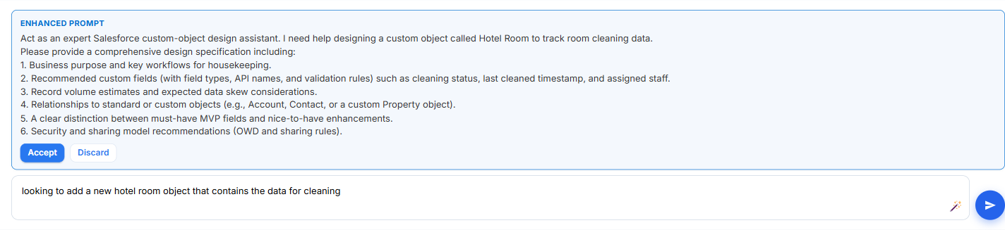 Enhance Prompt — rough one-liner expanded into a structured design brief with Accept and Discard