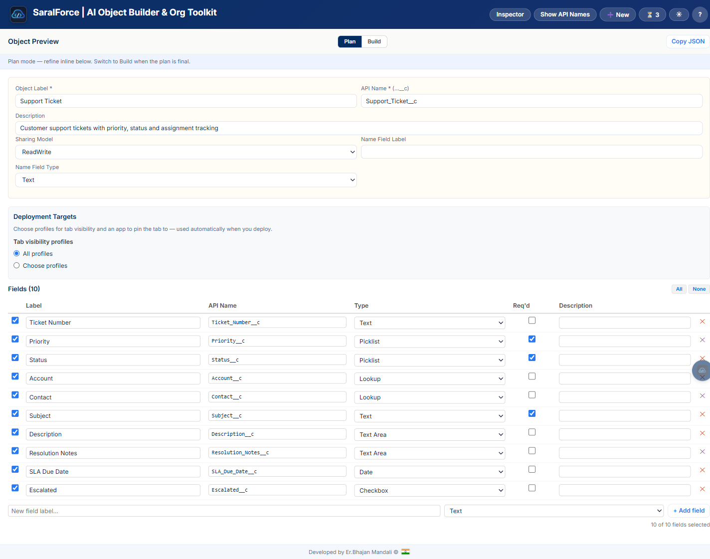 Object Builder preview — Support Ticket plan with editable fields and deployment targets