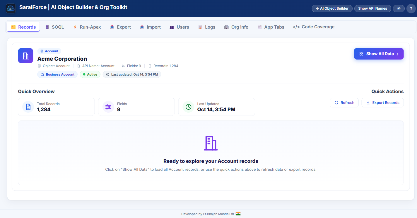 Records tab in Read-only mode with field summary and CSV export