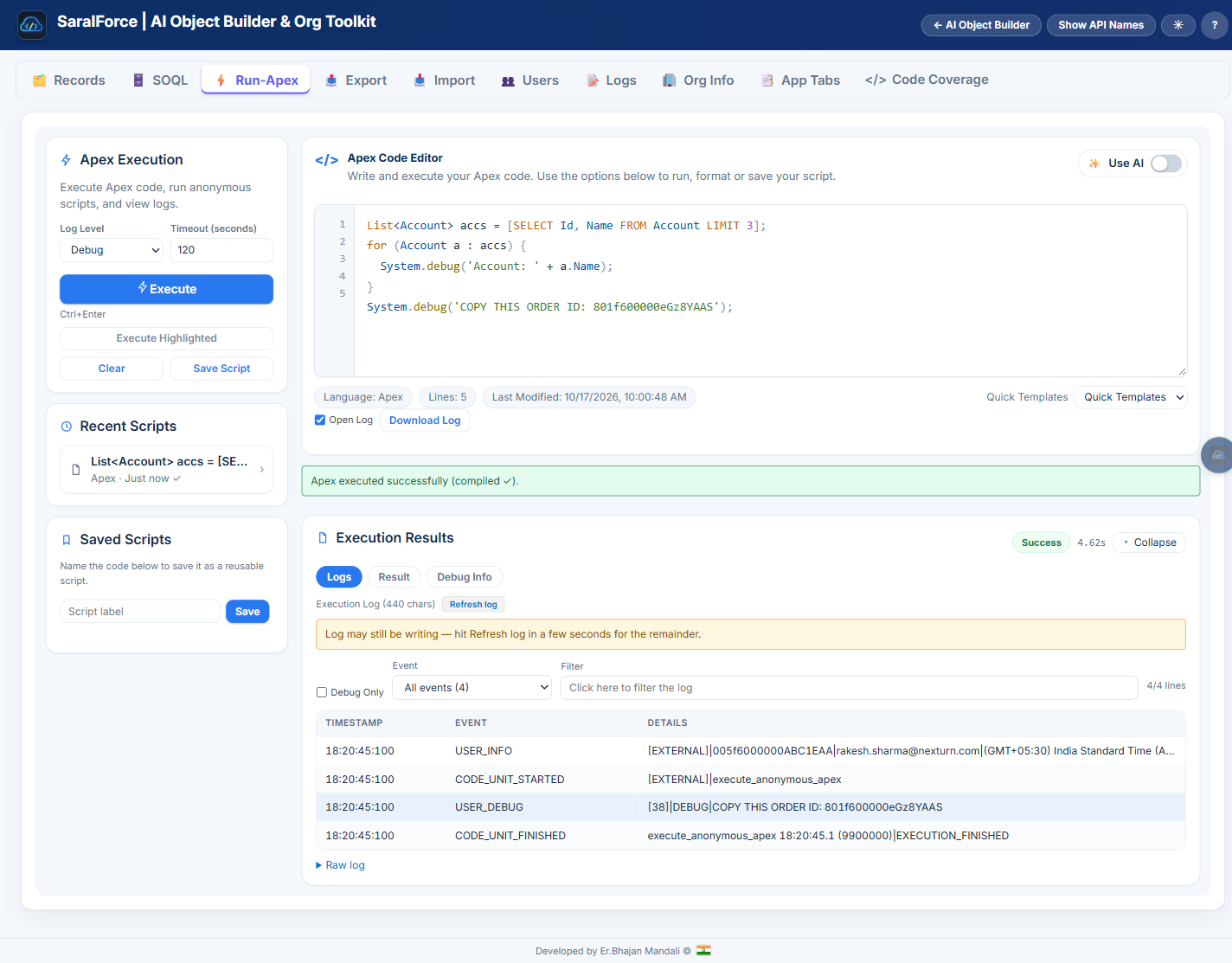 Run Apex editor with execution results and debug log