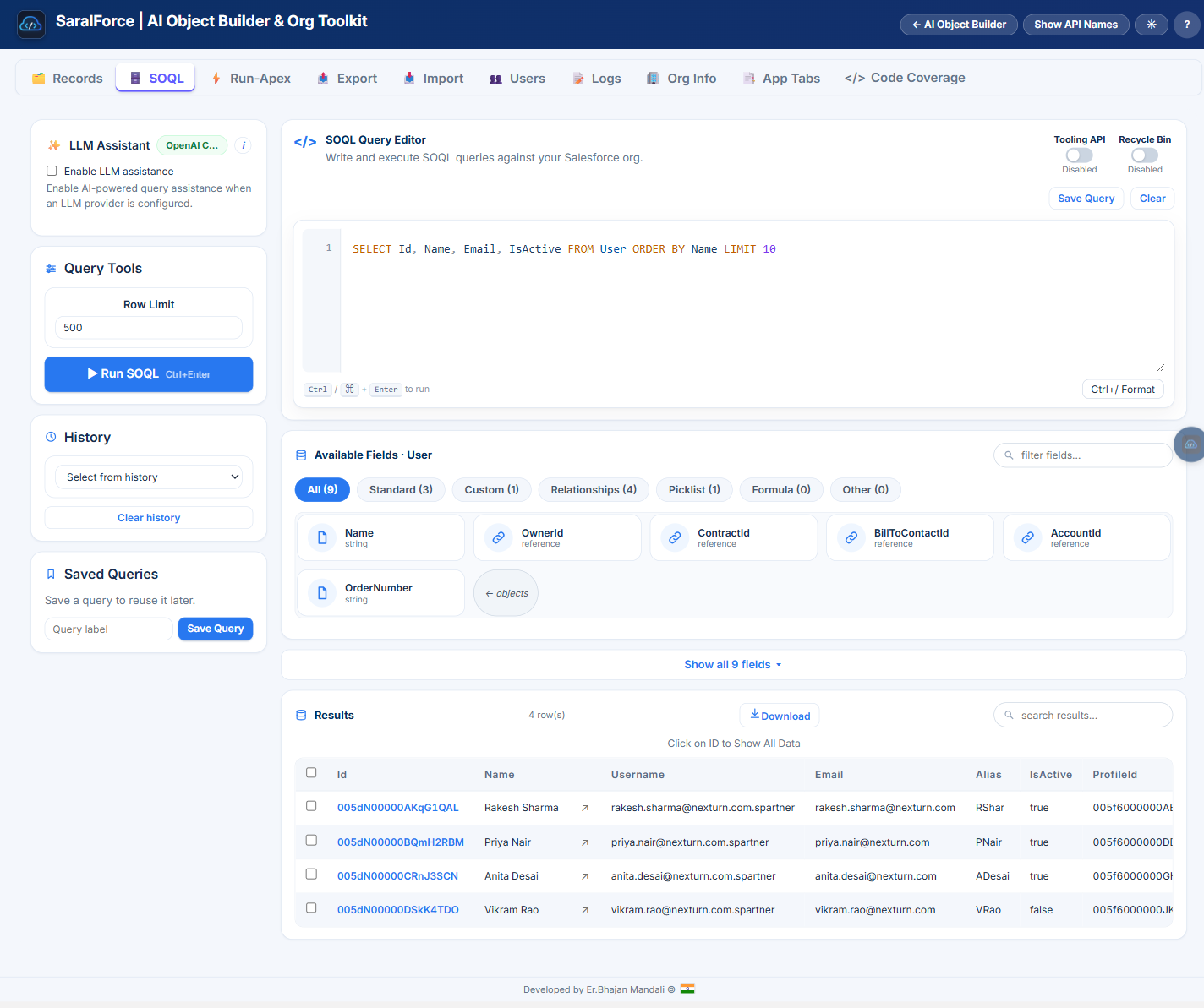 SOQL two-column editor with field explorer and results
