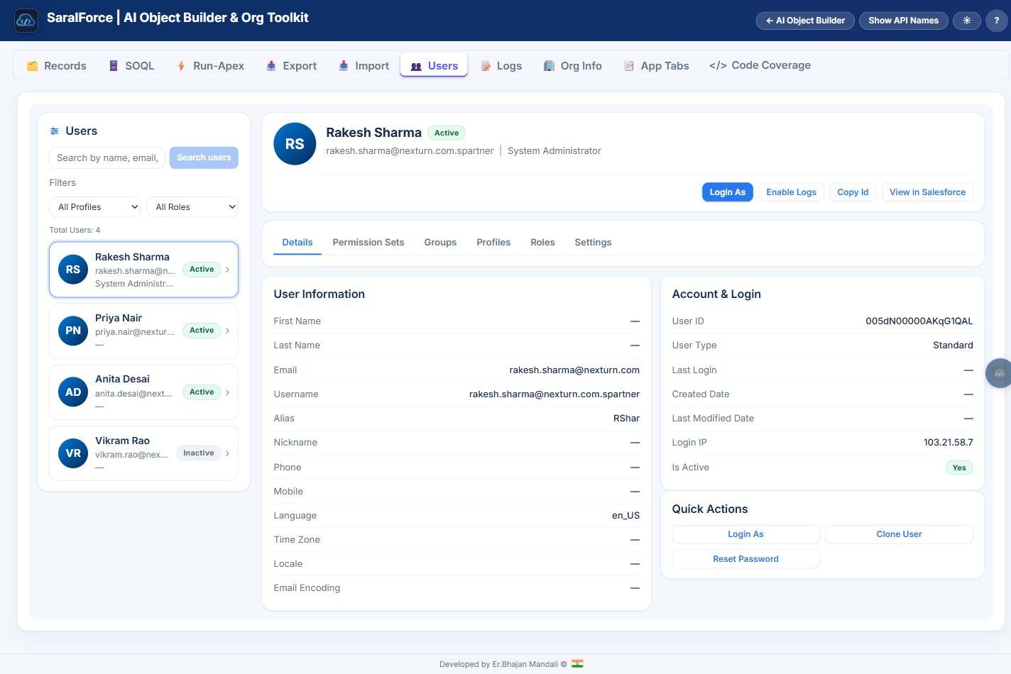 Users tab with detail tabs, login IP and quick actions